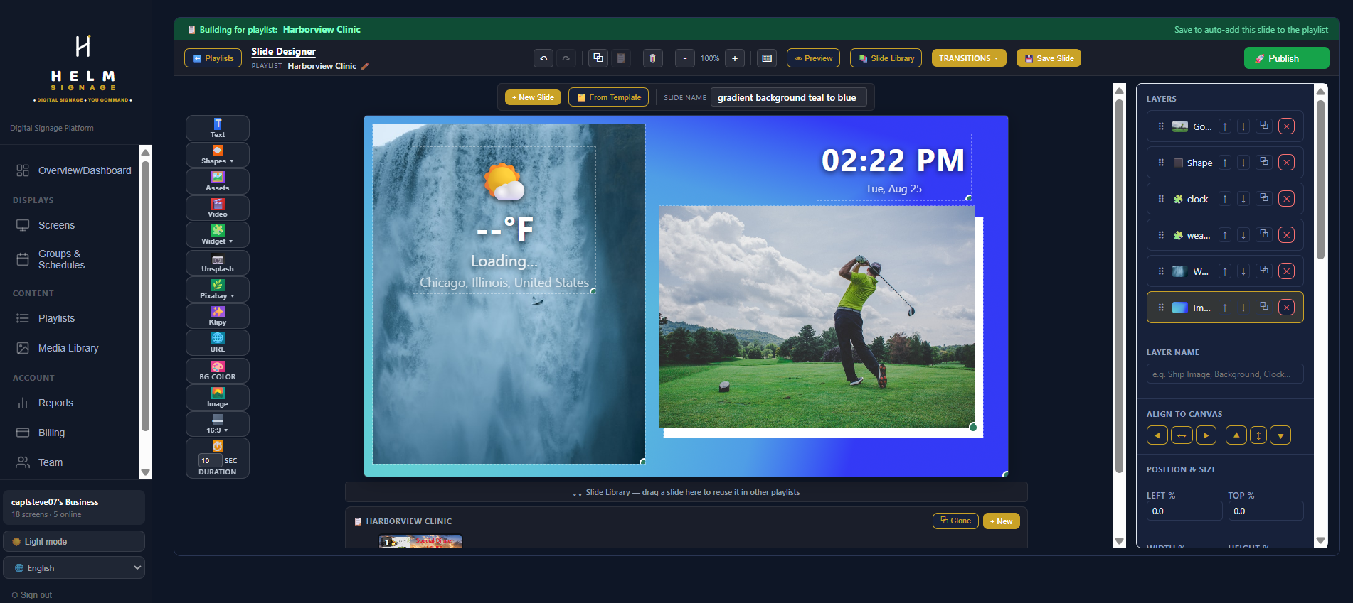 Helm Signage Slide Designer, mid-edit with weather widget, clock widget, and image elements on a live slide